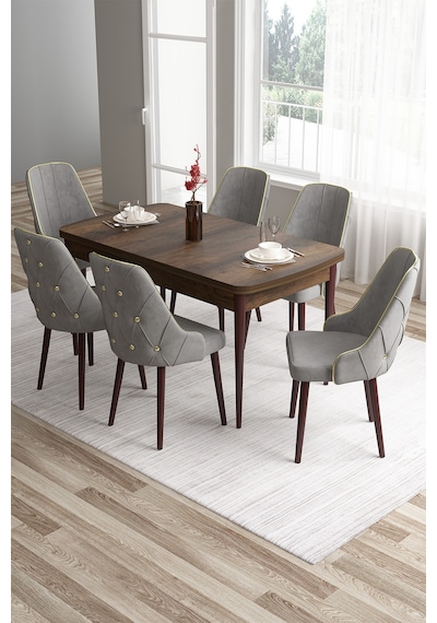 Canisa Tia Serisi 80x132 Açılabilir Mdf Barok Ahşap Desen Gold Detay Mutfak Masası Ve 6 Gri Sandalye Masa Barok Ahşap Desen Sandalye Gri Canisa Tia Serisi 80x132 Açılabilir Mdf Barok Ahşap Desen Gold Detay Mutfak Masası Ve 6 Gri Sandalye Masa Barok Ahşap Desen Sandalye Gri