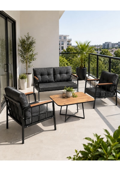 Liva Bahçe Balkon Oturma Grubu - 2+1+1 Takım + Sehpa - Siyah Metal İskelet Antrasit