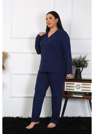 Lenaca Kadın Büyük Beden Pamuklu Cepli Düğmeli Lacivert Pijama Takım Lacivert