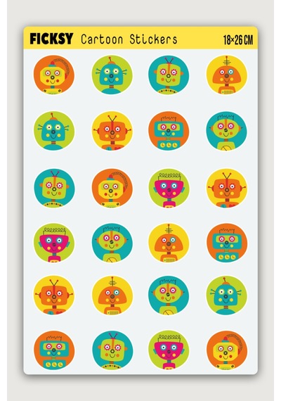 Sevimli Robotlar Sticker Seti - 24 Adet Yuvarlak Etiket Çıkartma Diğer