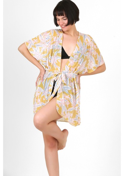 Pareo Plaj Elbisesi Kimono Std Yazlık Oversize Tül Gömlek Kemerli Elbise Çiçekler Sarı