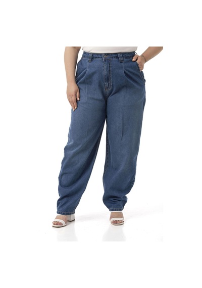 Disentis Büyük Beden Önü Pileli Yarım Balon Kesim Beli Arkadan Lastikli Cepli Denim Mavi Pantolon Mavi