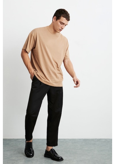 Grımelange Jett Erkek Oversize Fit %100 Organik Pamuk Kalın Dokulu Bisiklet Yakalı Kahverengi T-shirt Kahverengi