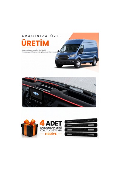 Ford Transit Tip 1 2020-2025 Uyumlu Torpido Koruma Örtüsü Oto Kılıfı - Siyah Kırmızı