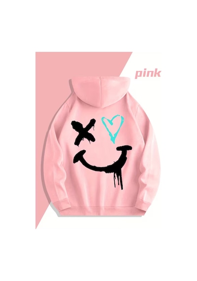 Nevermind Sevgili Çift Kombin Hoodie Yüz Kalp Baskılı Oversize Kapüşonlu Sw Pembe