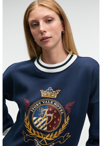 Grımelange VALLUNE Kadın Kontrast Triko Etek Ucu Manşet Ve Yakalı Nakış Crop Lacivert Sweatshirt