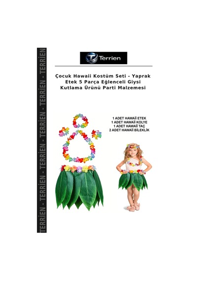 Terrien Çocuk Hawaii Kostüm Seti - Yaprak Etek 5 Parça Eğlenceli Giysi Kutlama Ürünü Parti Malzemesi Çok Renkli
