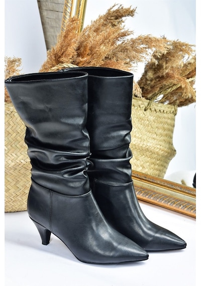 Fox Shoes Siyah Kısa Topuklu Büzgülü Kadın Bot L404810609