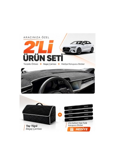 E-biz Audi A3 2020-2026 Uyumlu Torpido Örtüsü + Tay Tüyü Bagaj Çantası Seti - Siyah-gri - Au008