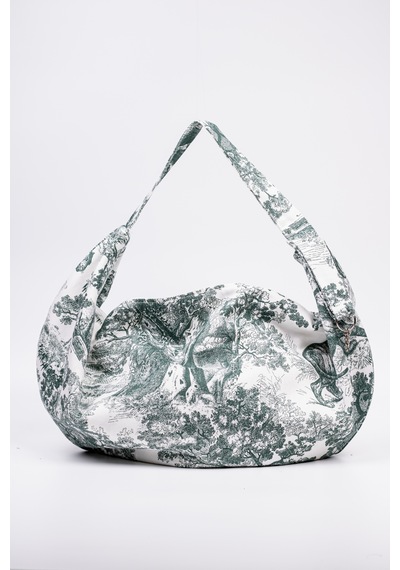 Fabric Craft Bag Omuz Çantası Yeşil Desenli Duck Kumaş Astarlı Fermuarlı 60x32 Cm Yeşil - Beyaz