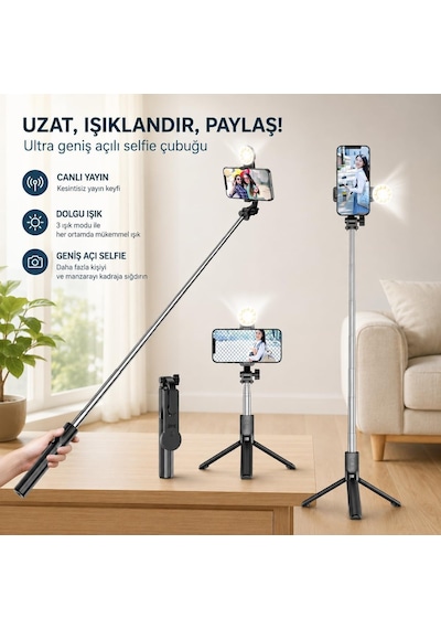 Yolans G4 Led Işıklı Selfie Çubuğu Tripod, 113 Cm Uzayabilen Bluetooth Kumandalı Selfie Stick, 3 Işık Modlu Beya