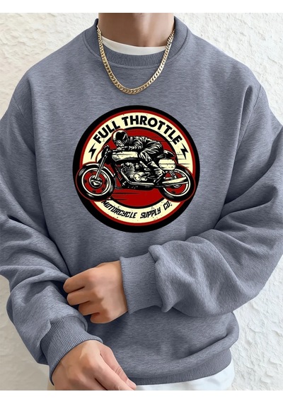 Startmore Tam Gazlı Motosiklet Baskılı Erkek Kapüşonlu Üstü Sonbahar Bisiklet Yaka Sweatshirt Temel Pol Gri