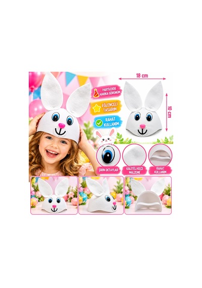 Eğlenceli Tavşan Şapkası 18x10 Cm Beyaz Renk Parti Aksesuarı Çok Renkli