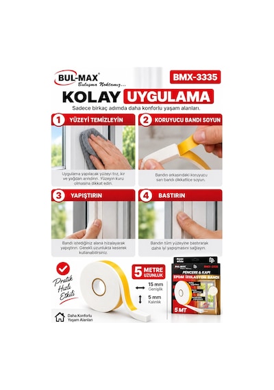 Pencere Kapı İzolasyon Bandı 5 Metre 15x5 Mm Beyaz Hava Sızdırmazlık Bandı Bul-max Epdm