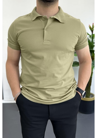 Erkek Slim Fit Düz Renk Pamuklu Soft Polo Tişört Haki Edw365 Haki Yeşil