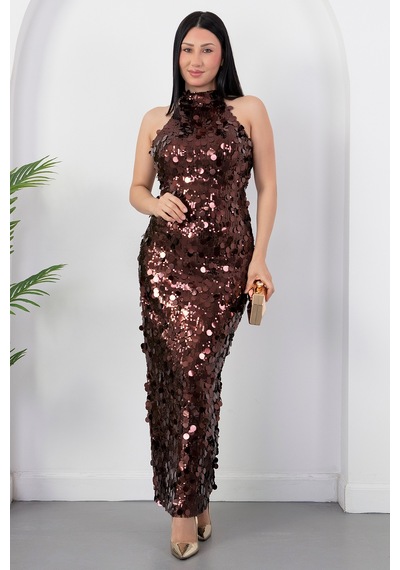 Kalopya Halter Yaka Büyük Pullu Elbise Abiye Ecr6094 Kahverengi