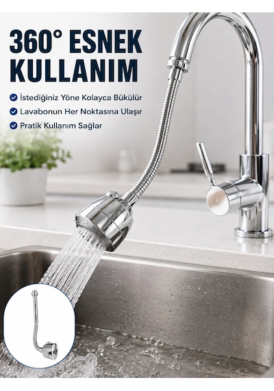 Krom Musluk Uzatma Aparatı 360 Dönebilen Su Tasarruflu Lavabo Fıskiyesi Gümüş