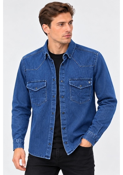 Classics Men Report Uzun Kol Slim Fit Erkek Jean Gömlek - 7783 Mavi