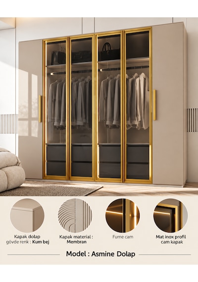 Free Home Asmin Kum Beji Mdf Gardırop Elbise Dolabı 240x218x57 Kumbeji