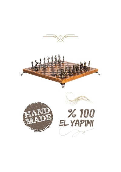 Mc97 - Çin Antik Figürlü Metal Taşlar 30x30cm Gerçek Kayın Tahtası - Hediyelik Satranç Takımı