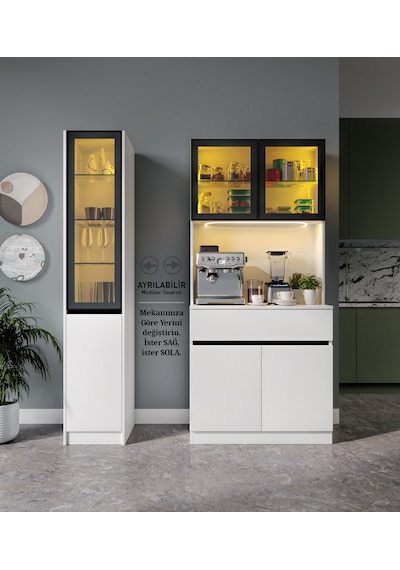 Lotus Midi Sol Vitrinli Kahve Köşesi Komple Mdf Led Mutfak Dolabı Beyaz