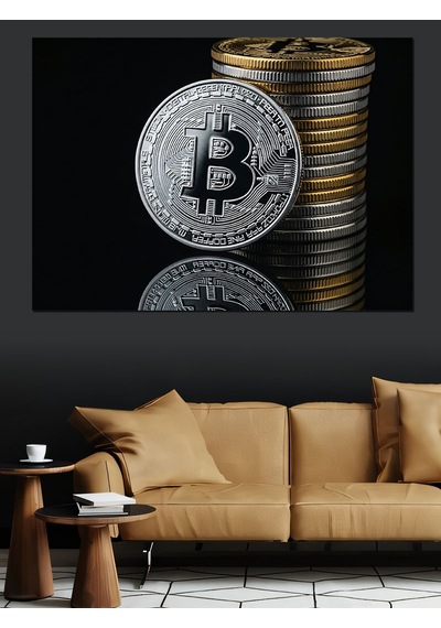 Bitcoin Kripto Para Yığını Dekoratif Kanvas - Mdf Ahşap Tablo