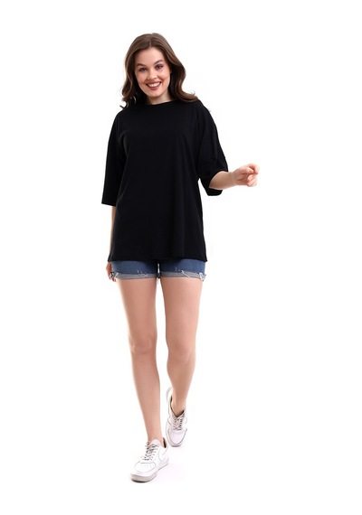 Winmoda34 Unisex Bisiklet Yaka Oversize Boyfriend T-shirt Siyah