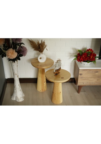 Wood Ahşap 2'li Set Parlak Vernikli Fitilli Mantar Yan Sehpa Modern Fiskos / Çiçeklik / Zigon Sehpa Ahşap