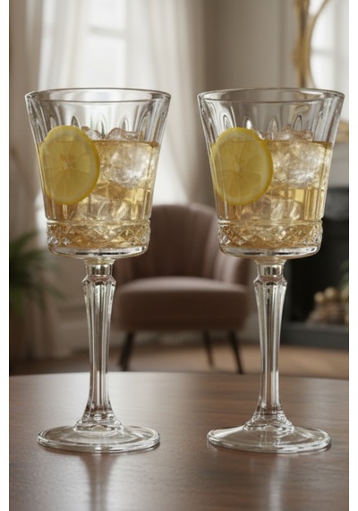 6 Kişilik Şık Tasarım Kristalize Desen Ayaklı Bardak Kadeh Takımı 300 Ml Beyaz