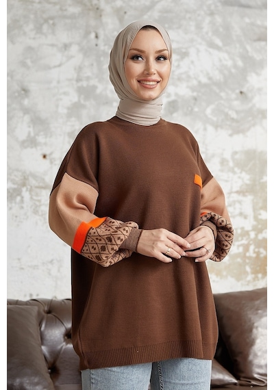 Enmodastyle Kolu Etnik Desen Triko Kazak Tunik Kahverengi