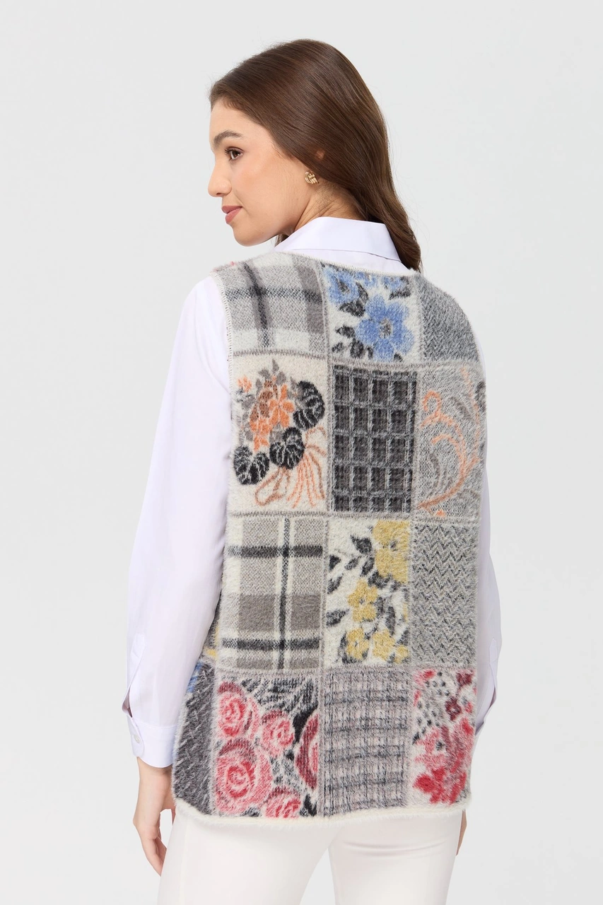 Desen Triko Kadın Sıfır Yaka Patchwork Yelek Kemik Kemik