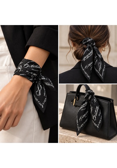 Herşeynota Atatürk İmza Desenli Siyah Pamuk Fular 52x52 Cm Çok Amaçlı Bandana Okul, Etkinlik, Tören, Gösteri Çok Renkli