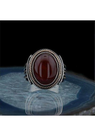 Takılingo Kral Taçı Şeklinde Oval Bordo Akik Taşlı Erkek Yüzük Gümüş