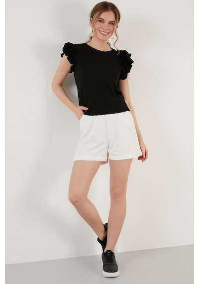 Lela Pamuklu Kolları Fırfırlı Slim Fit Bisiklet Yaka Bayan T Shirt 5864500 Siyah