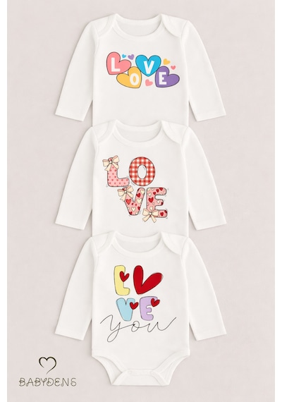 Babyden's Love Temalı 3 Lü Bebek Body Seti %100 Pamuk Uzun Kollu Çıtçıtlı Bebek Zıbını Unisex Beyaz