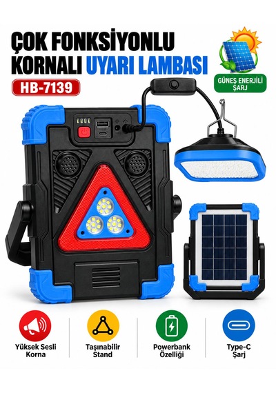 Çok Fonksiyonlu Reflektör Solar Lamba Powerbank Güneş Enerjili Yüksek Sesli Sirenli Lamba Acil Durum Sireni Uyarı Alarm Sesli Taşınabilir Şarjlı Ekstra Lambalı