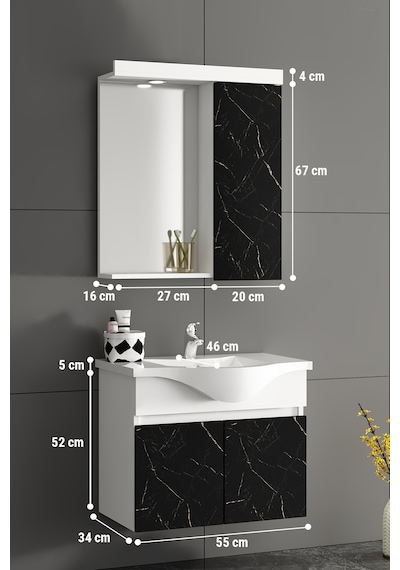 Yıldız Asma 55 Cm Beyaz-royal Mermer Mdf Asma Banyo Dolabı Takımı Beyaz