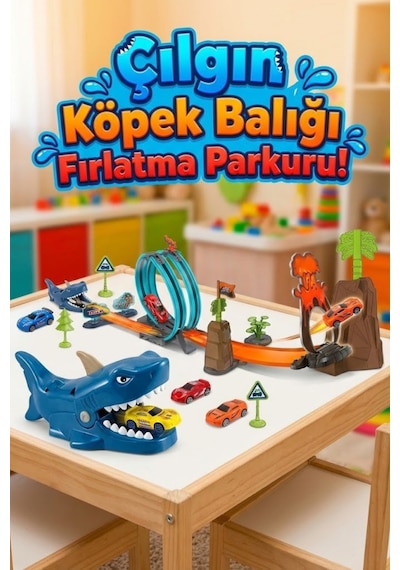 Çılgın Köpek Balığı Fırlatma Parkuru - 3 Arabalı 360 Derece Takla Atan Yarış Pisti Seti 32 Parça