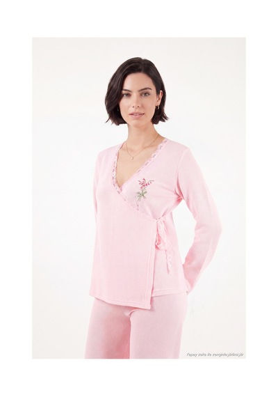 Lela Desenli Dantel Detaylı Bağlamalı Uzun Kollu Pijama Takımı Kadın Pijama Takımı 6575024 Pembe