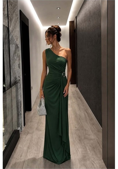 Lior Design Kadın Sade Tek Omuz Kemerli Maxi Abiye Elbise Zümrüt