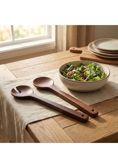 Akasya Naturel Ahşap 2 Li Salata Kaşığı Seti Dayanıklı Ve Ergonomik Servis Kaşıkları 27.5 Cm Doğal Ahşap Sofra Takımı