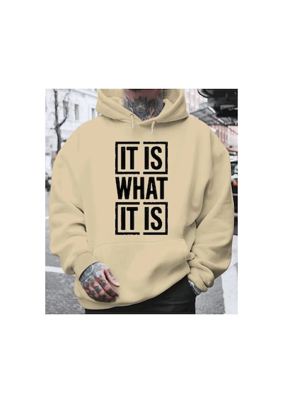 Herkesemoda İt's What Baskılı Kapşonlu Bej Sweatshirt Bej