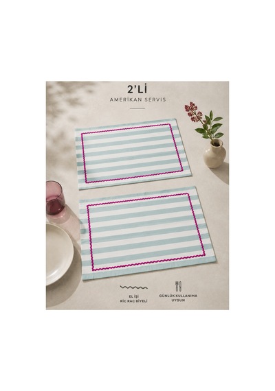 Mint Çizgili Fuşya Biyeli Amerikan Servisi 2'li Set 33x44 Cm Sofra Ve Masa Düzeni Dekoru Mint - 887012161 Mint