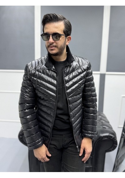 Avni Ceylan Erkek Parlak Şık Slim Fit Kışlık Şişme Mont Siyah