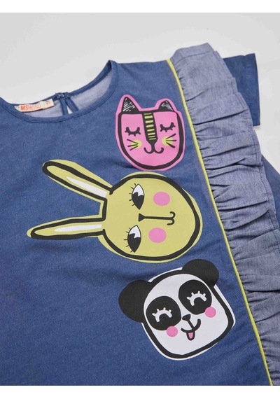 Denokids Üç Arkadaş Dokuma Kız Çocuk Mavi Yazlık Elbise