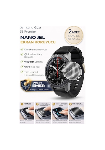 Samsung Gear S3 Frontier Uyumlu Nano Jel Ekran Koruyucu 2 Adet Darbe Emici Tam Kaplayan