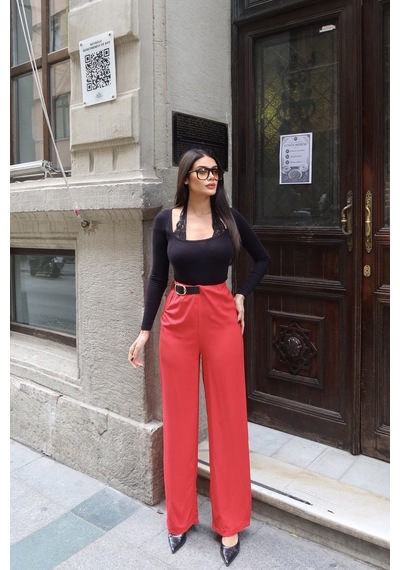 Kechi Woman Linda Twill Kumaş Kemer Detay Pantolon Kırmızı