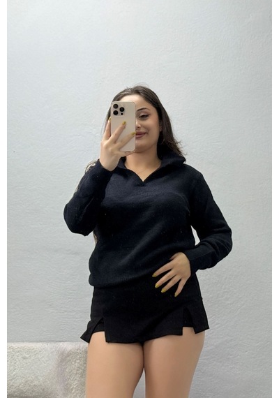 Belendir Kadın Polo Yaka Triko Kazak Siyah