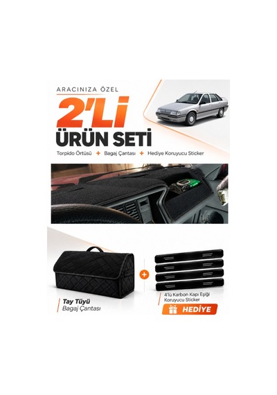 Renault 21 Manager 1990-1996 Uyumlu Torpido Örtüsü + Tay Tüyü Bagaj Çantası + Sticker Seti - Siyah