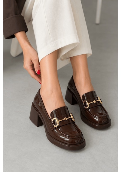 Selin Shoes Hily Gold Aksesuar Detay Kadın Loafer- Kahve Rugan Kahverengi